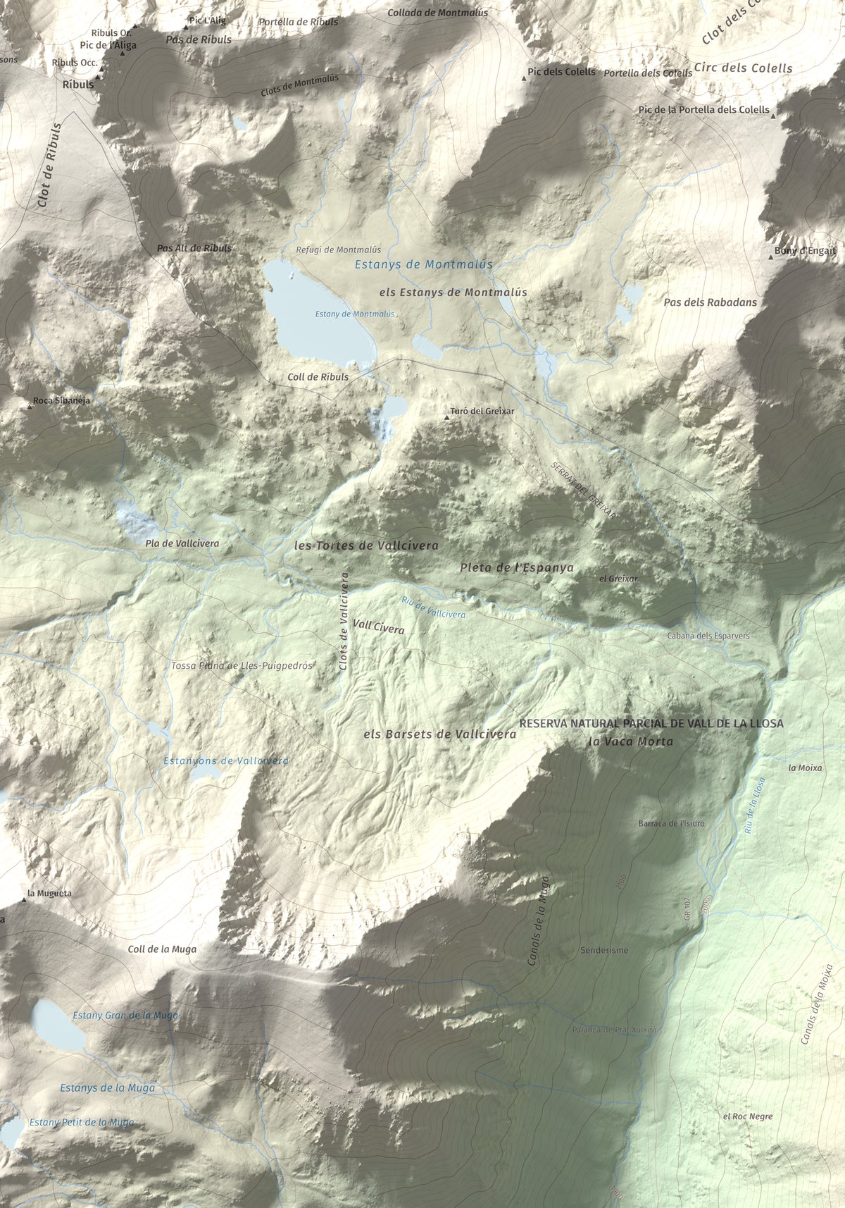 Mapa de relieve de Pic dels Pessons o Gargantillar, 2862 m, Andorra, lámina 100 Cims de Trobart. Detalle de la zona inferior derecha. 70 × 100 cm.