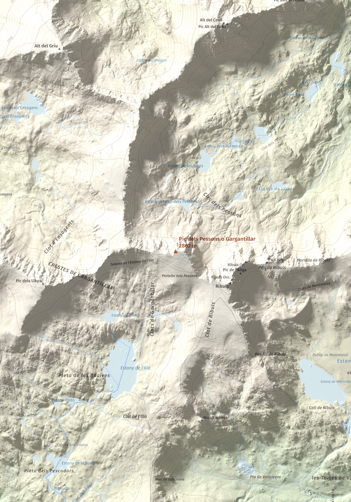 Mapa de relieve de Pic dels Pessons o Gargantillar, 2862 m, Andorra, lámina 100 Cims de Trobart. Detalle de la zona central. 70 × 100 cm.