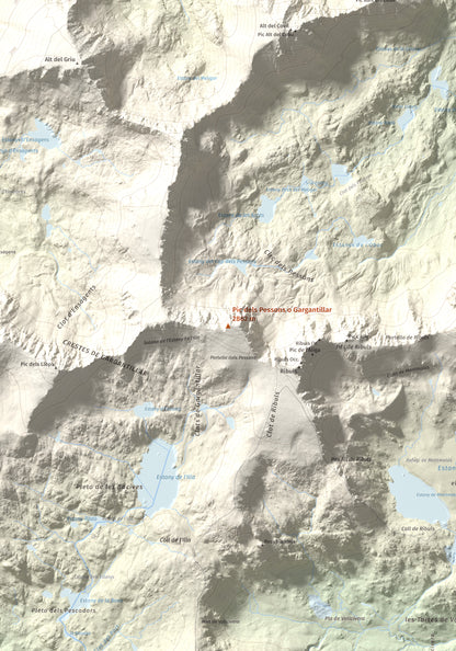 Mapa de relieve de Pic dels Pessons o Gargantillar, 2862 m, Andorra, lámina 100 Cims de Trobart. Detalle de la zona central. 70 × 100 cm.