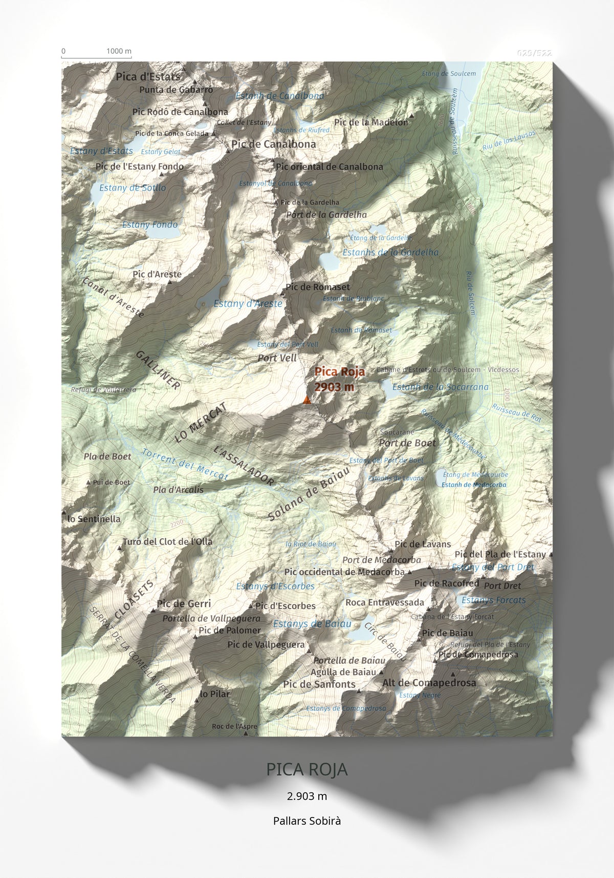 Mapa de relieve de Pica Roja, 2903 m, Pallars Sobirà, lámina 100 Cims de Trobart 21 × 30 cm.