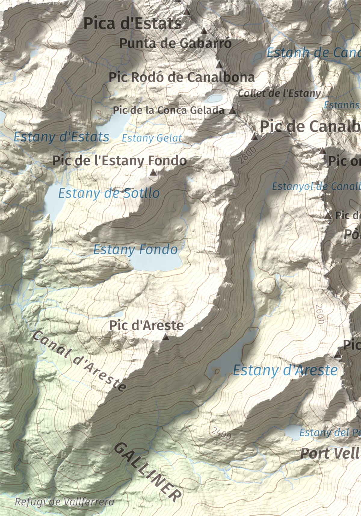 Mapa de relieve de Pica Roja, 2903 m, Pallars Sobirà, lámina 100 Cims de Trobart. Detalle de la zona superior izquierda. 21 × 30 cm.