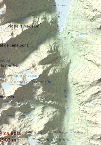 Mapa de relieve de Pica Roja, 2903 m, Pallars Sobirà, lámina 100 Cims de Trobart. Detalle de la zona superior derecha. 21 × 30 cm.