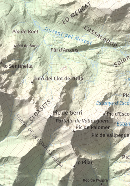 Mapa de relieve de Pica Roja, 2903 m, Pallars Sobirà, lámina 100 Cims de Trobart. Detalle de la zona inferior izquierda. 21 × 30 cm.
