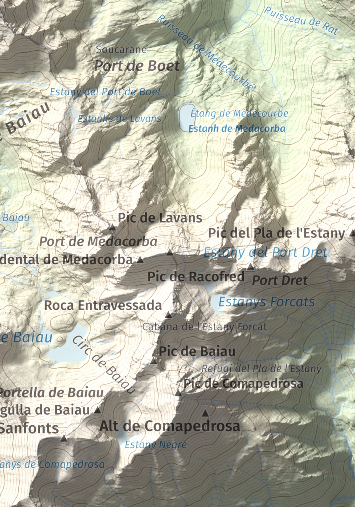 Mapa de relieve de Pica Roja, 2903 m, Pallars Sobirà, lámina 100 Cims de Trobart. Detalle de la zona inferior derecha. 21 × 30 cm.