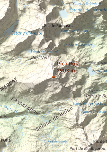 Mapa de relieve de Pica Roja, 2903 m, Pallars Sobirà, lámina 100 Cims de Trobart. Detalle de la zona central. 21 × 30 cm.