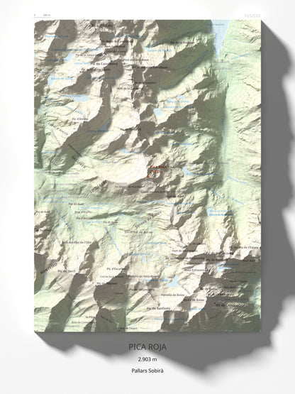 Mapa de relieve de Pica Roja, 2903 m, Pallars Sobirà, lámina 100 Cims de Trobart 30 × 40 cm.