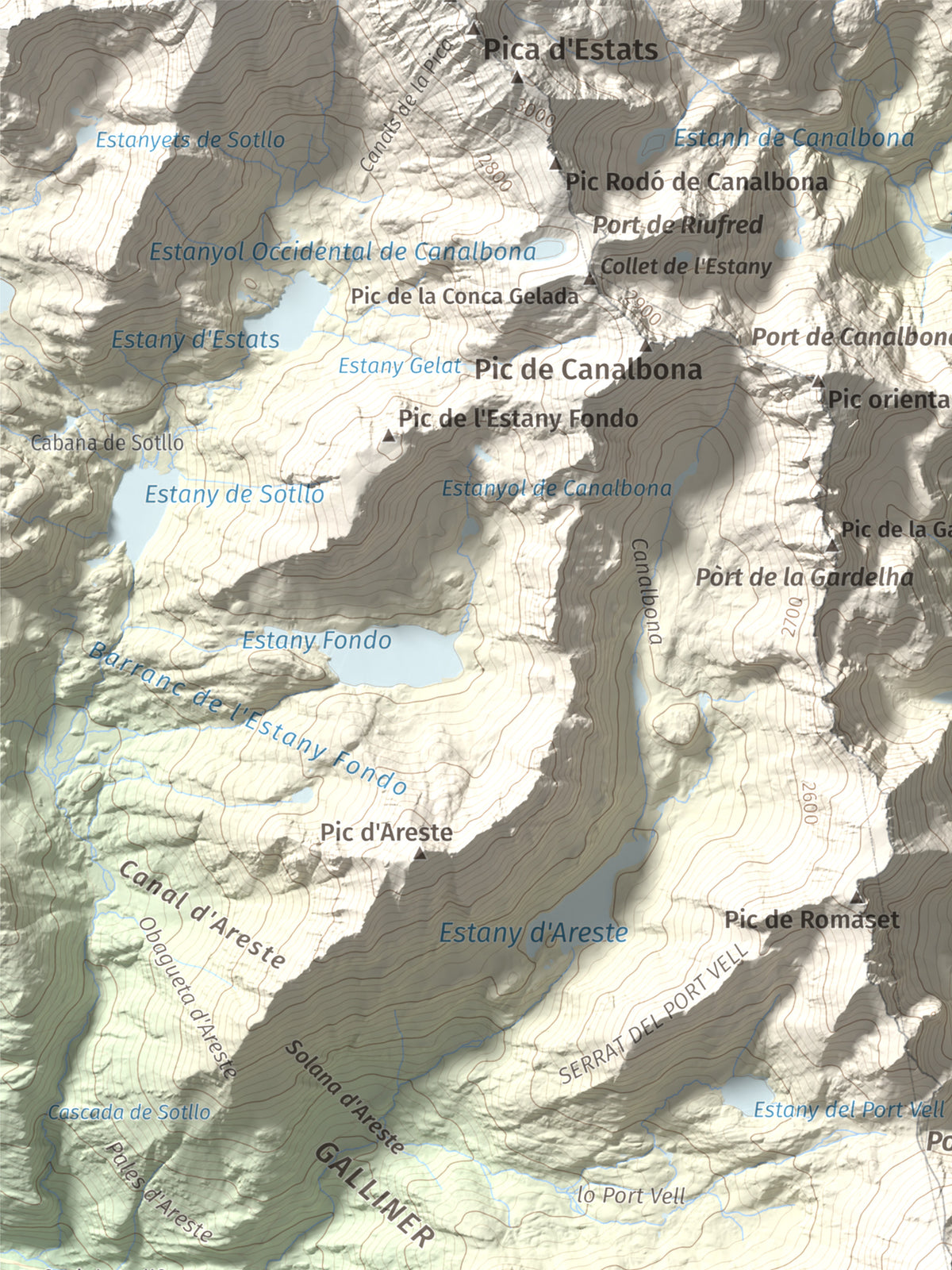 Mapa de relieve de Pica Roja, 2903 m, Pallars Sobirà, lámina 100 Cims de Trobart. Detalle de la zona superior izquierda. 30 × 40 cm.
