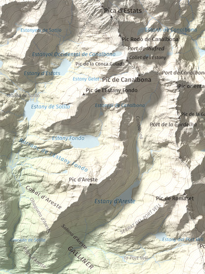 Mapa de relieve de Pica Roja, 2903 m, Pallars Sobirà, lámina 100 Cims de Trobart. Detalle de la zona superior izquierda. 30 × 40 cm.