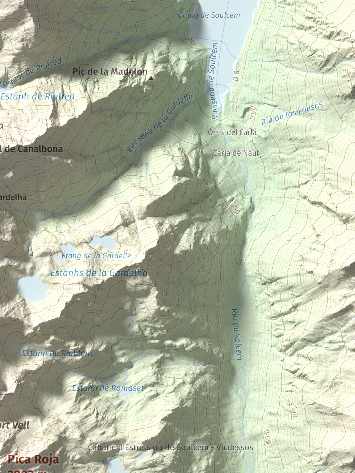 Mapa de relieve de Pica Roja, 2903 m, Pallars Sobirà, lámina 100 Cims de Trobart. Detalle de la zona superior derecha. 30 × 40 cm.