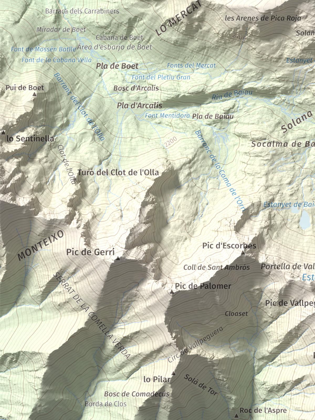 Mapa de relieve de Pica Roja, 2903 m, Pallars Sobirà, lámina 100 Cims de Trobart. Detalle de la zona inferior izquierda. 30 × 40 cm.