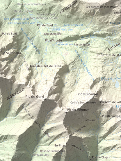 Mapa de relieve de Pica Roja, 2903 m, Pallars Sobirà, lámina 100 Cims de Trobart. Detalle de la zona inferior izquierda. 30 × 40 cm.
