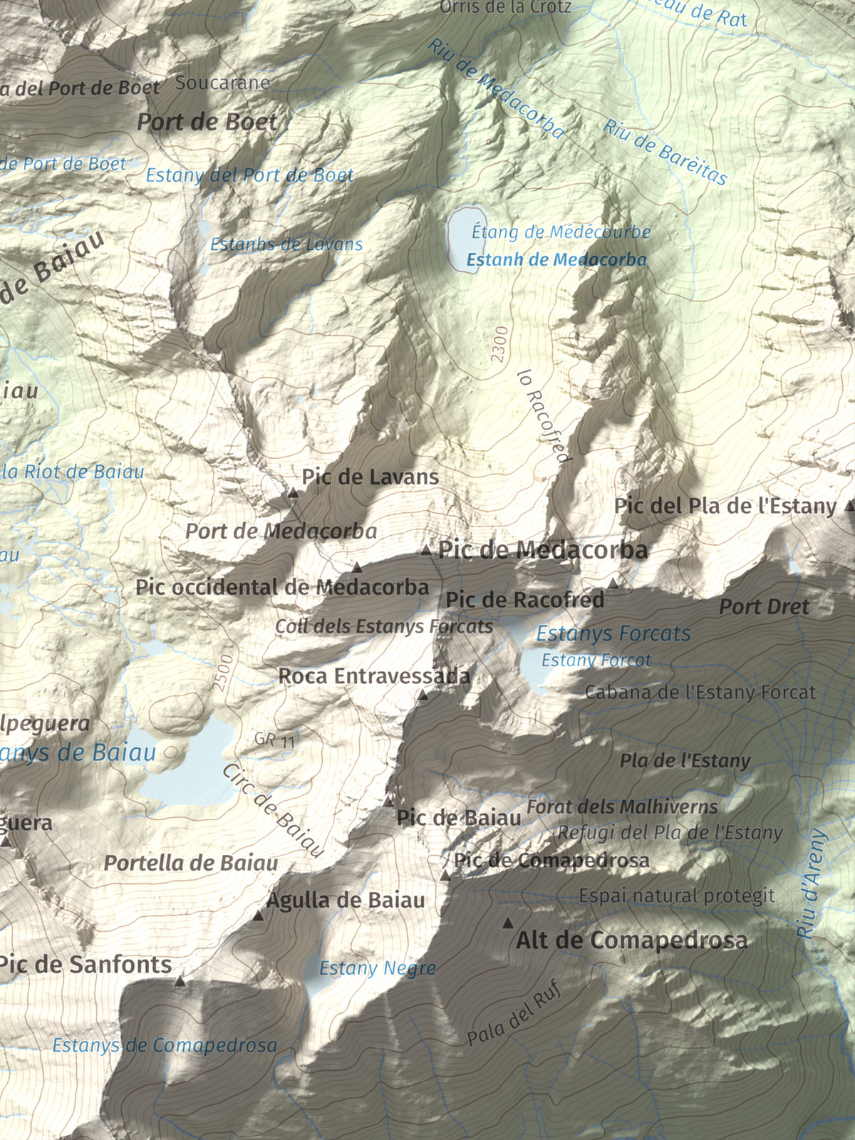 Mapa de relieve de Pica Roja, 2903 m, Pallars Sobirà, lámina 100 Cims de Trobart. Detalle de la zona inferior derecha. 30 × 40 cm.