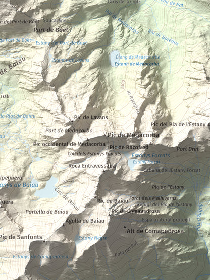 Mapa de relieve de Pica Roja, 2903 m, Pallars Sobirà, lámina 100 Cims de Trobart. Detalle de la zona inferior derecha. 30 × 40 cm.