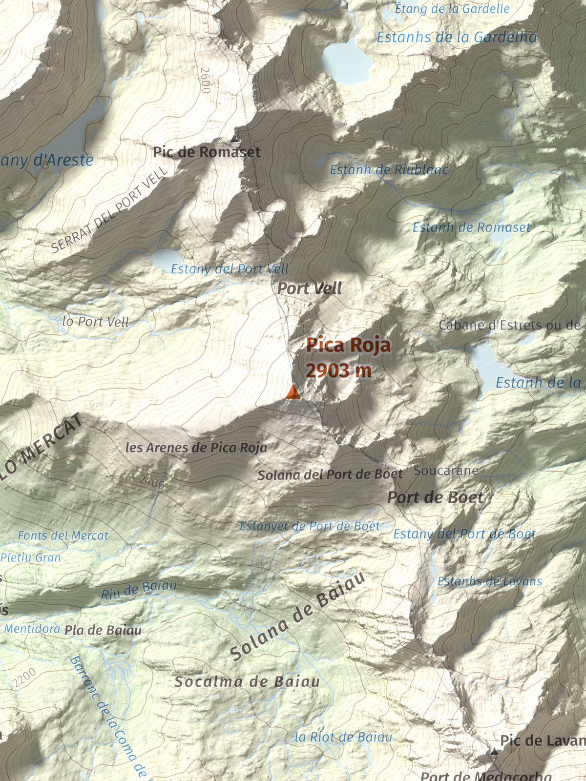 Mapa de relieve de Pica Roja, 2903 m, Pallars Sobirà, lámina 100 Cims de Trobart. Detalle de la zona central. 30 × 40 cm.