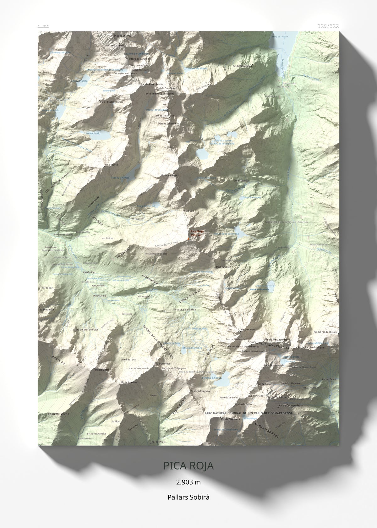 Mapa de relieve de Pica Roja, 2903 m, Pallars Sobirà, lámina 100 Cims de Trobart 50 × 70 cm.