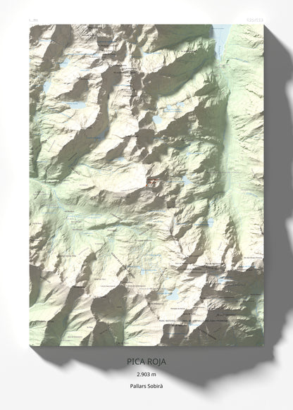 Mapa de relieve de Pica Roja, 2903 m, Pallars Sobirà, lámina 100 Cims de Trobart 50 × 70 cm.