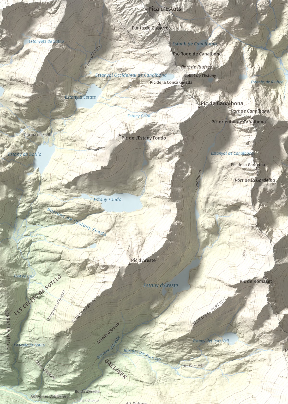 Mapa de relieve de Pica Roja, 2903 m, Pallars Sobirà, lámina 100 Cims de Trobart. Detalle de la zona superior izquierda. 50 × 70 cm.