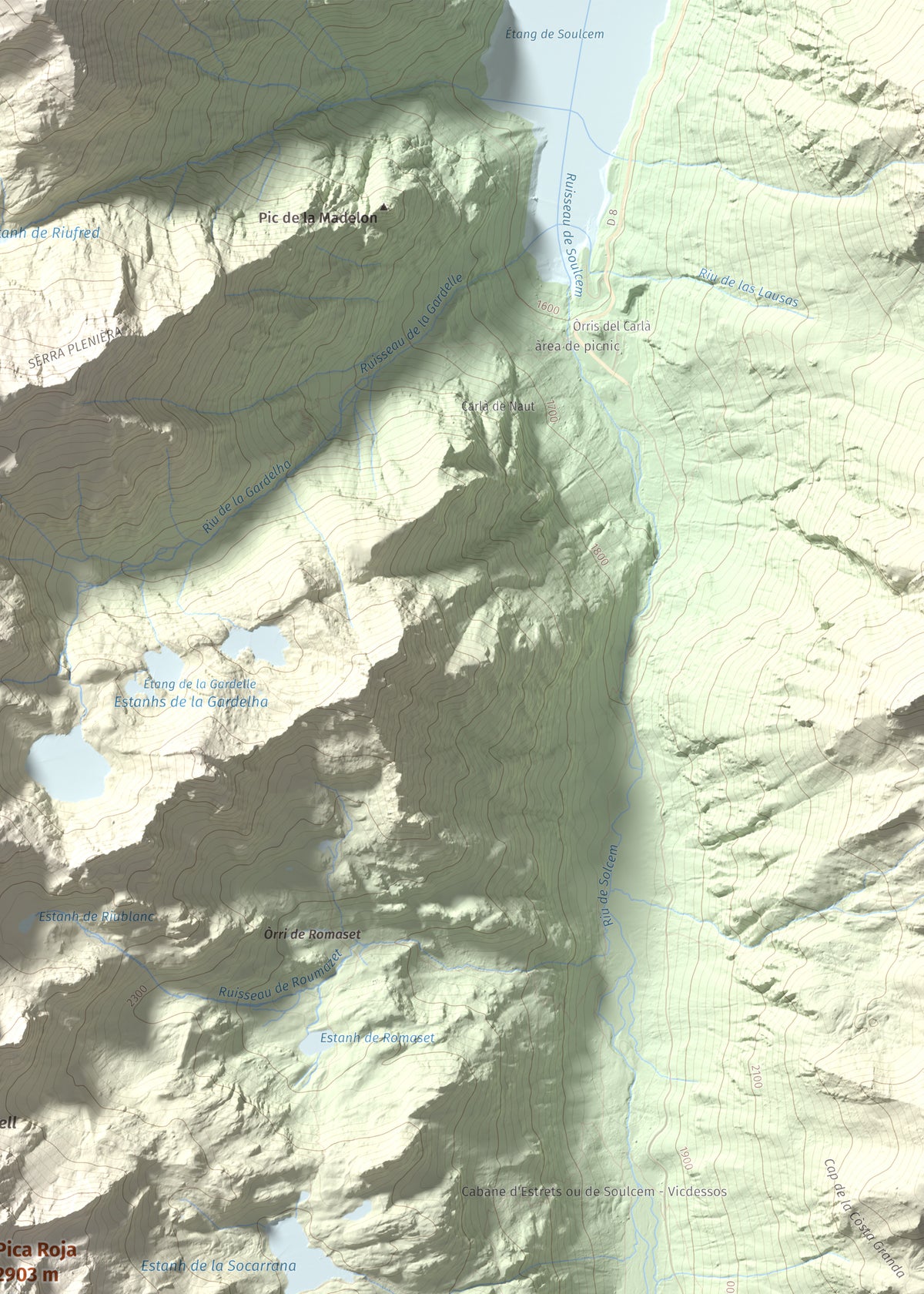 Mapa de relieve de Pica Roja, 2903 m, Pallars Sobirà, lámina 100 Cims de Trobart. Detalle de la zona superior derecha. 50 × 70 cm.