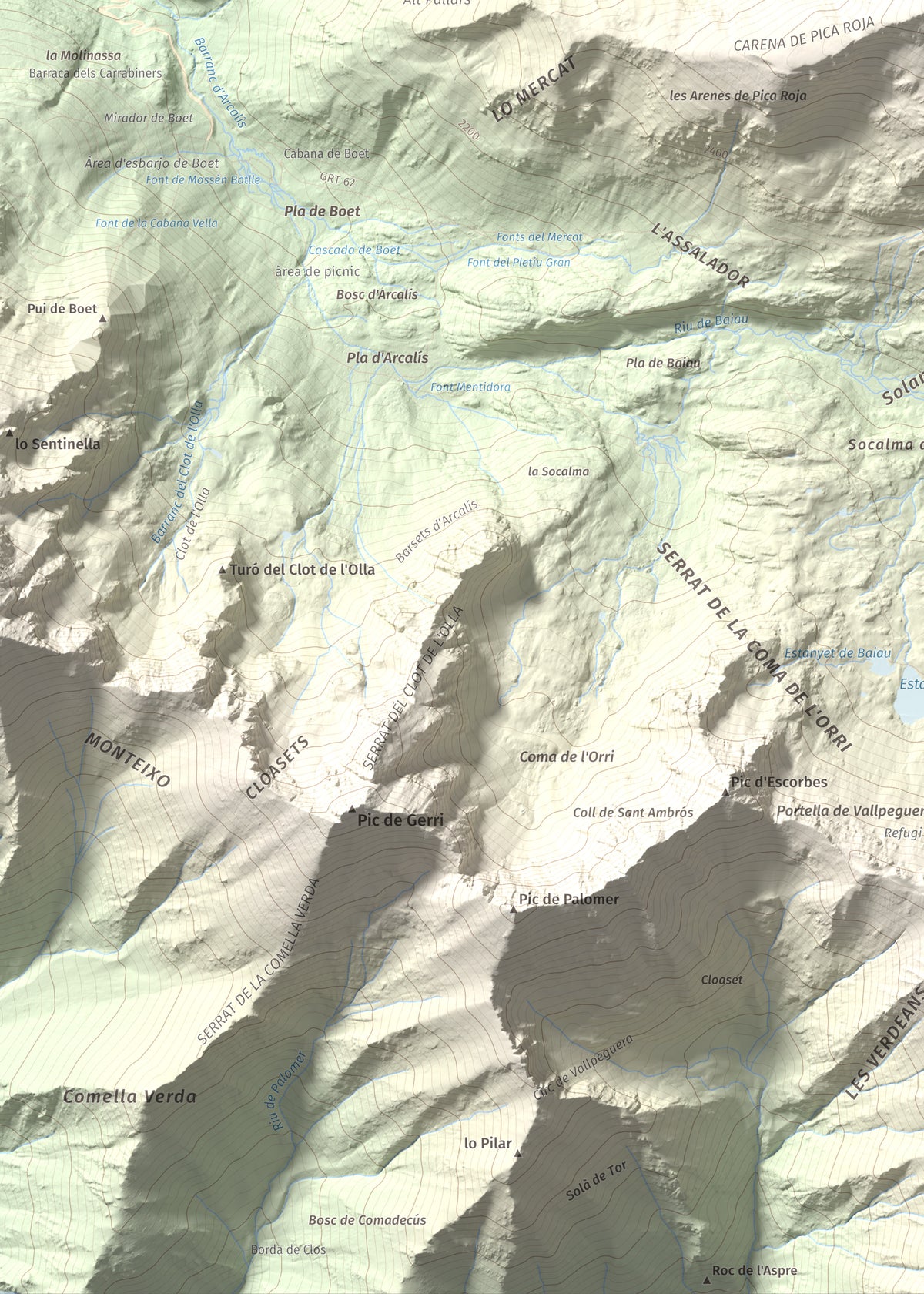 Mapa de relieve de Pica Roja, 2903 m, Pallars Sobirà, lámina 100 Cims de Trobart. Detalle de la zona inferior izquierda. 50 × 70 cm.