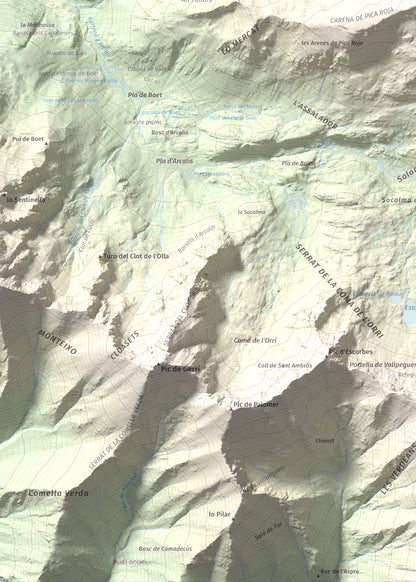 Mapa de relieve de Pica Roja, 2903 m, Pallars Sobirà, lámina 100 Cims de Trobart. Detalle de la zona inferior izquierda. 50 × 70 cm.