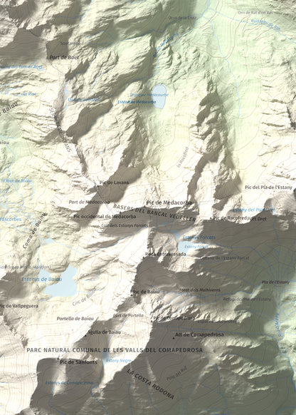 Mapa de relieve de Pica Roja, 2903 m, Pallars Sobirà, lámina 100 Cims de Trobart. Detalle de la zona inferior derecha. 50 × 70 cm.
