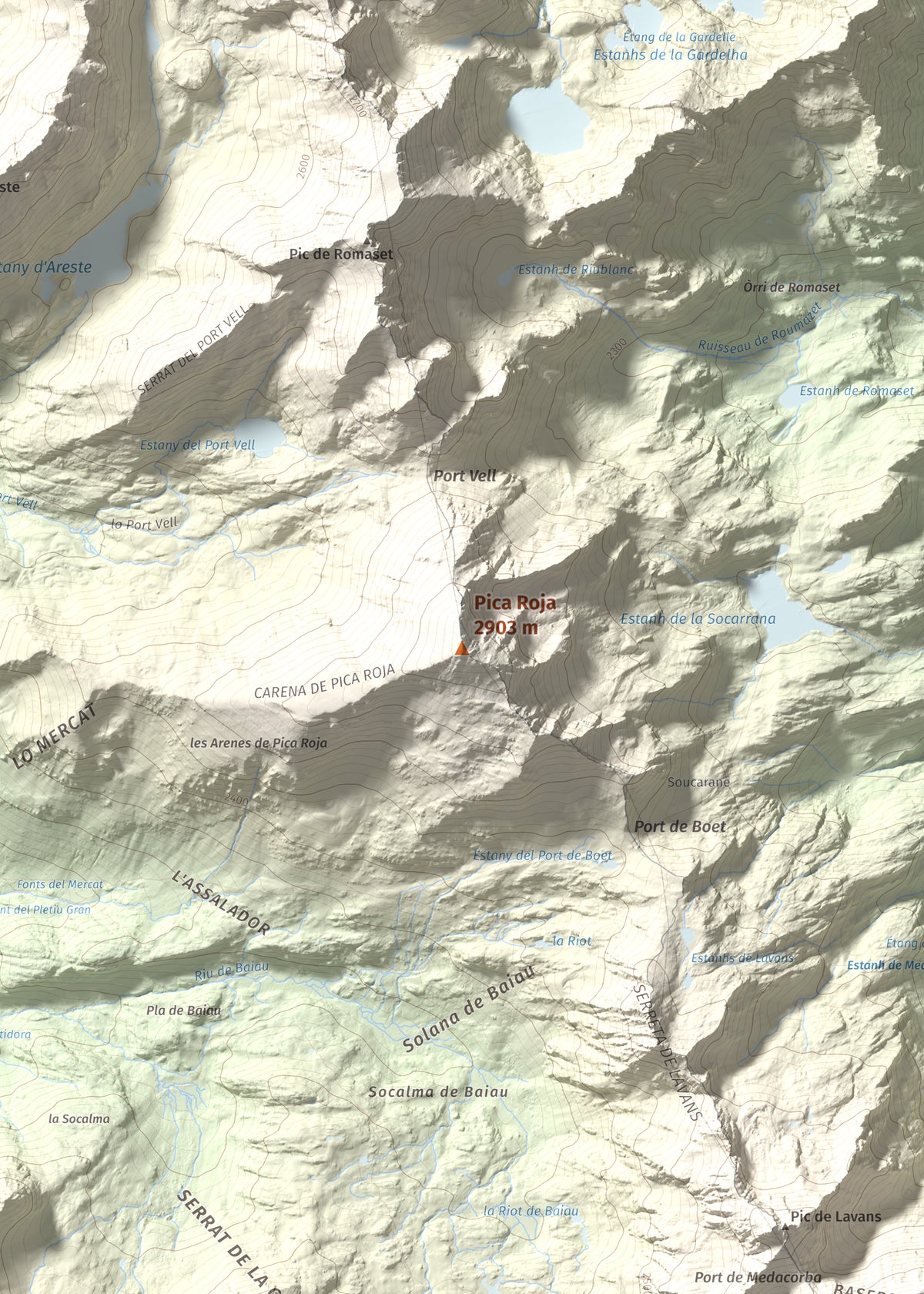 Mapa de relieve de Pica Roja, 2903 m, Pallars Sobirà, lámina 100 Cims de Trobart. Detalle de la zona central. 50 × 70 cm.