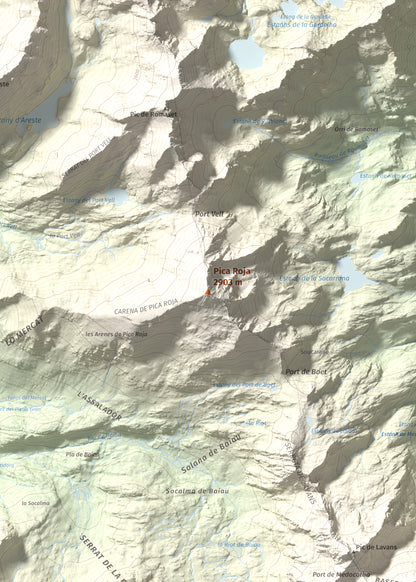 Mapa de relieve de Pica Roja, 2903 m, Pallars Sobirà, lámina 100 Cims de Trobart. Detalle de la zona central. 50 × 70 cm.