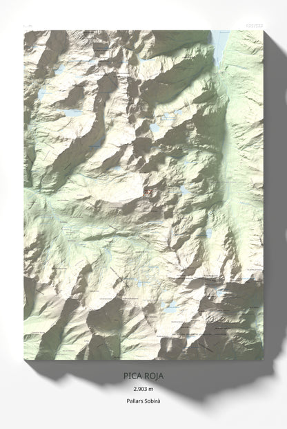Mapa de relieve de Pica Roja, 2903 m, Pallars Sobirà, lámina 100 Cims de Trobart 61 × 91 cm.