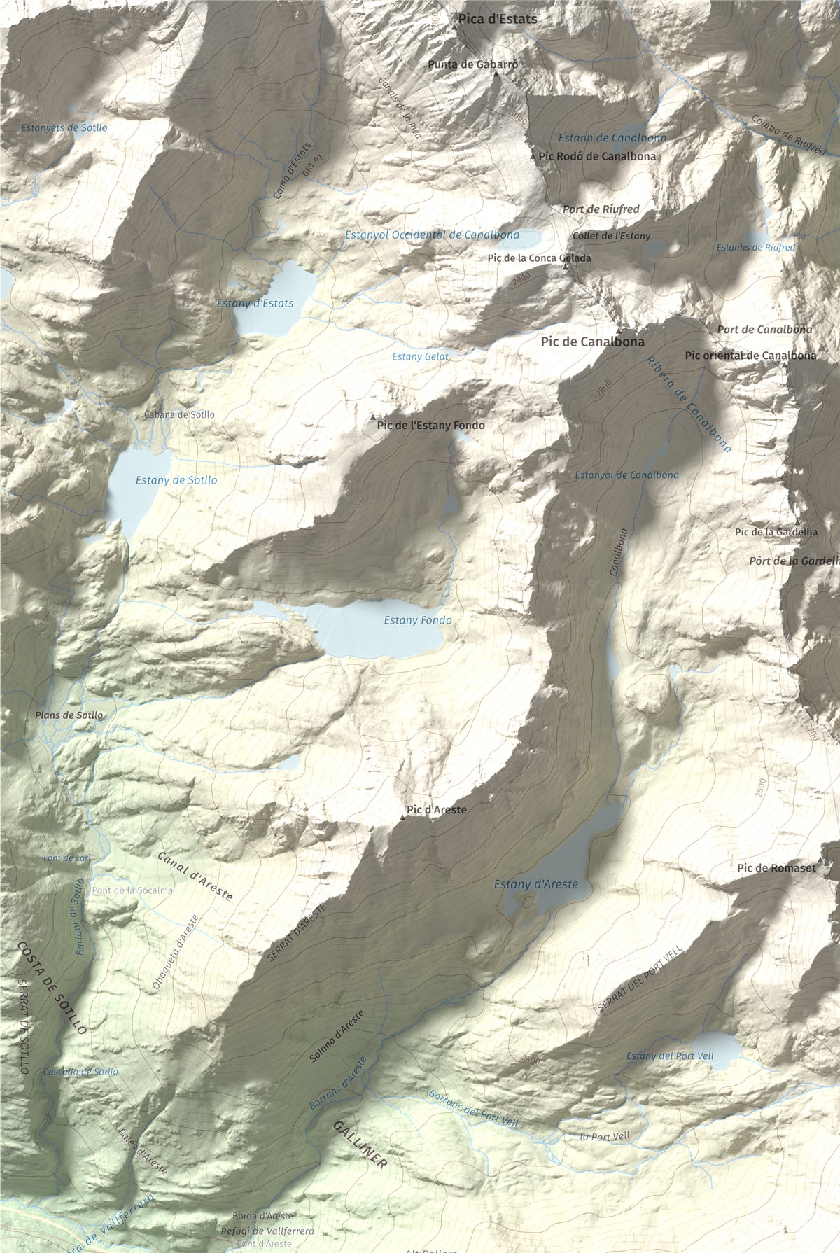 Mapa de relieve de Pica Roja, 2903 m, Pallars Sobirà, lámina 100 Cims de Trobart. Detalle de la zona superior izquierda. 61 × 91 cm.