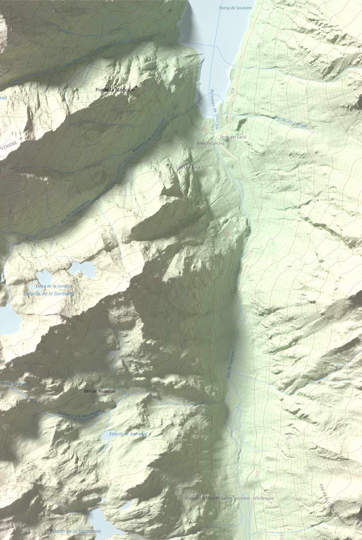 Mapa de relieve de Pica Roja, 2903 m, Pallars Sobirà, lámina 100 Cims de Trobart. Detalle de la zona superior derecha. 61 × 91 cm.