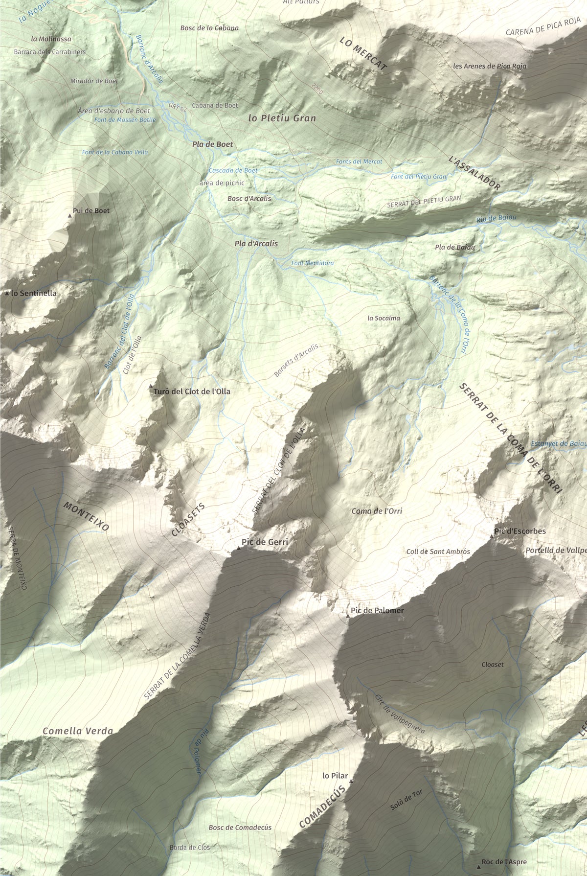 Mapa de relieve de Pica Roja, 2903 m, Pallars Sobirà, lámina 100 Cims de Trobart. Detalle de la zona inferior izquierda. 61 × 91 cm.