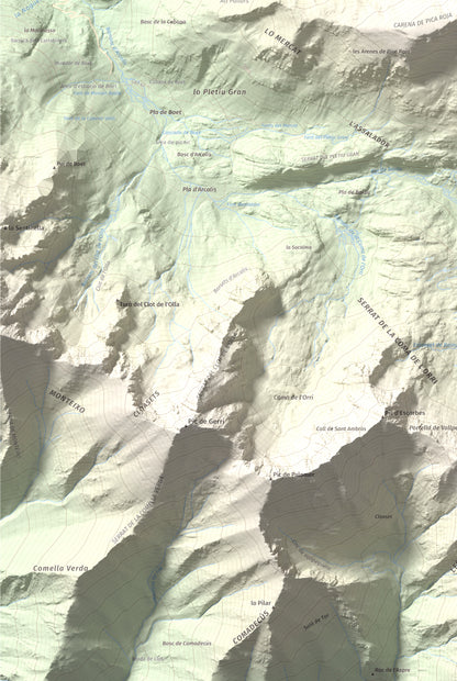 Mapa de relieve de Pica Roja, 2903 m, Pallars Sobirà, lámina 100 Cims de Trobart. Detalle de la zona inferior izquierda. 61 × 91 cm.