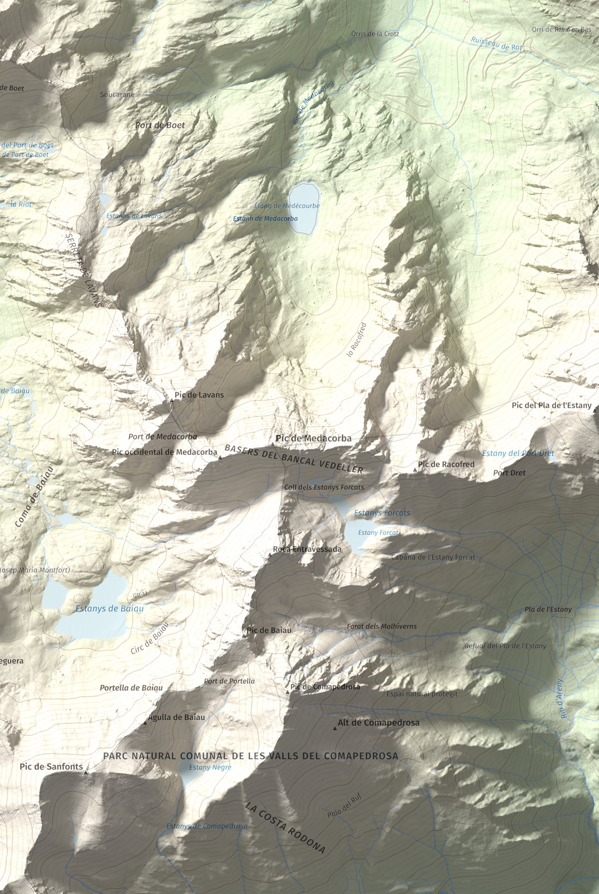 Mapa de relieve de Pica Roja, 2903 m, Pallars Sobirà, lámina 100 Cims de Trobart. Detalle de la zona inferior derecha. 61 × 91 cm.