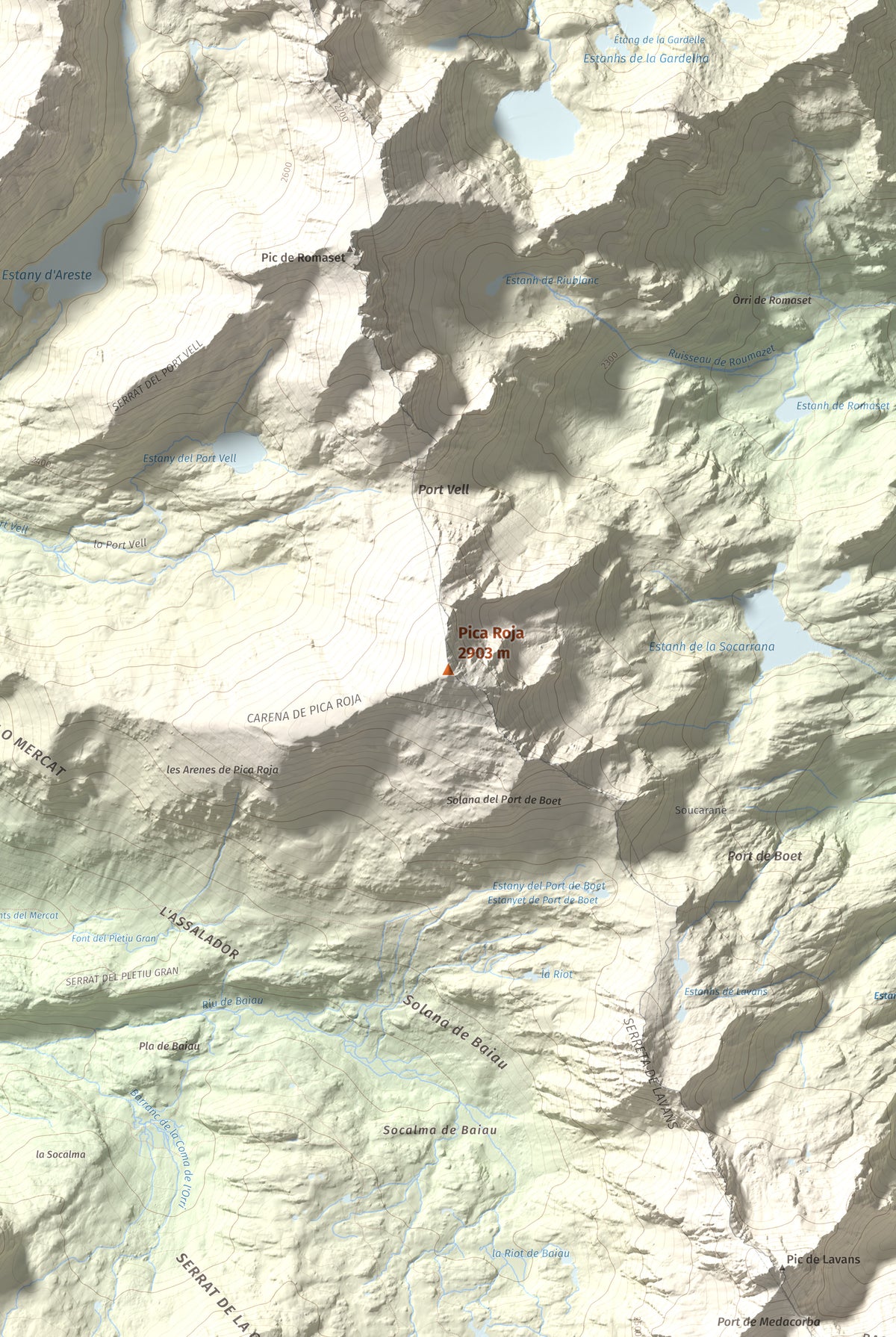 Mapa de relieve de Pica Roja, 2903 m, Pallars Sobirà, lámina 100 Cims de Trobart. Detalle de la zona central. 61 × 91 cm.