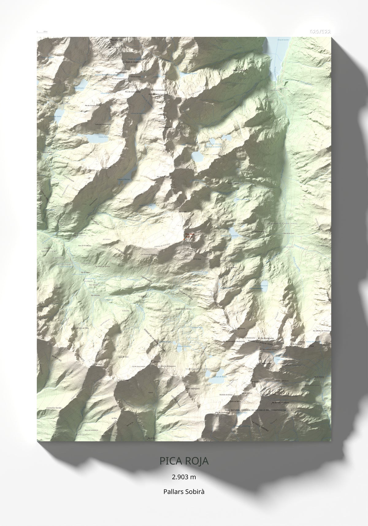 Mapa de relieve de Pica Roja, 2903 m, Pallars Sobirà, lámina 100 Cims de Trobart 70 × 100 cm.