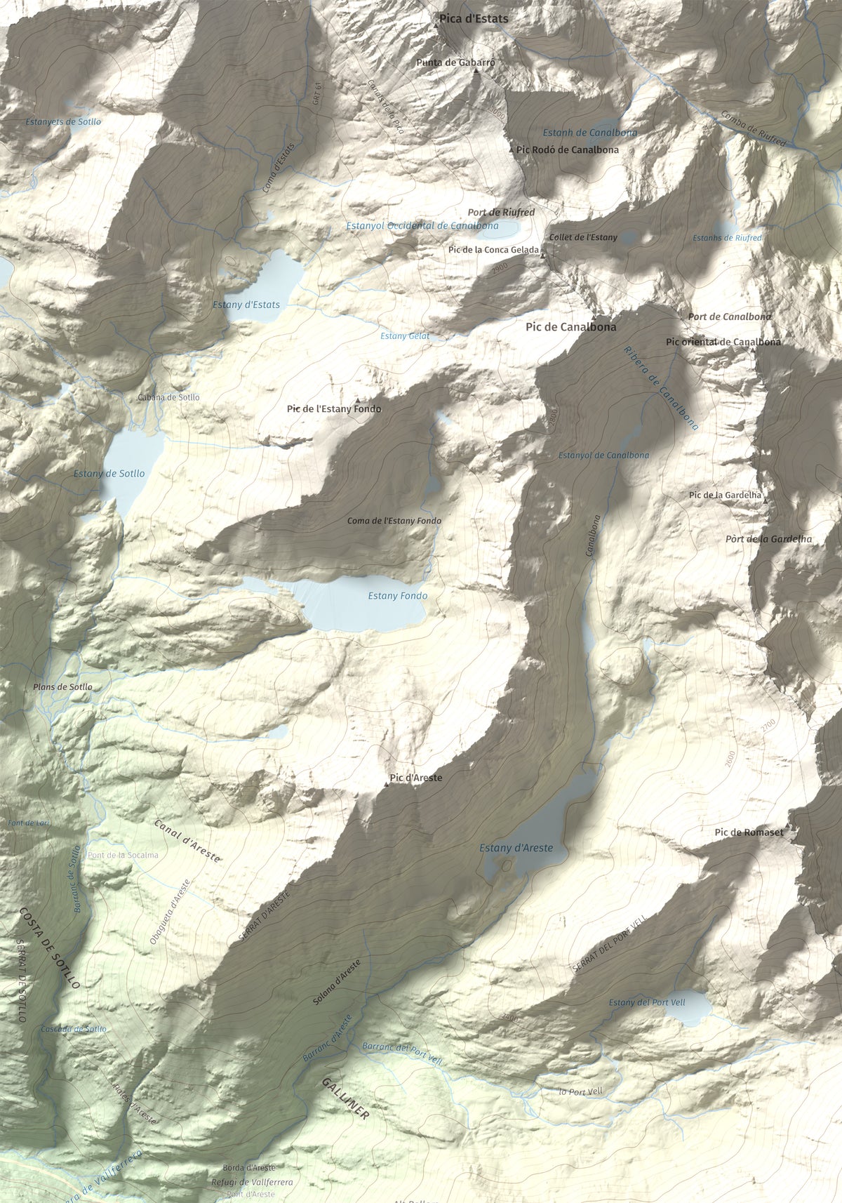 Mapa de relieve de Pica Roja, 2903 m, Pallars Sobirà, lámina 100 Cims de Trobart. Detalle de la zona superior izquierda. 70 × 100 cm.