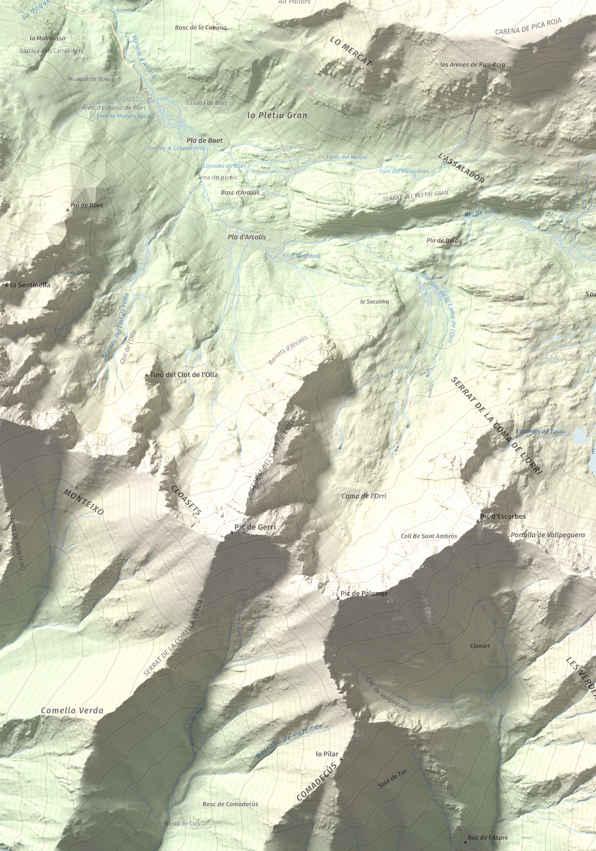 Mapa de relieve de Pica Roja, 2903 m, Pallars Sobirà, lámina 100 Cims de Trobart. Detalle de la zona inferior izquierda. 70 × 100 cm.