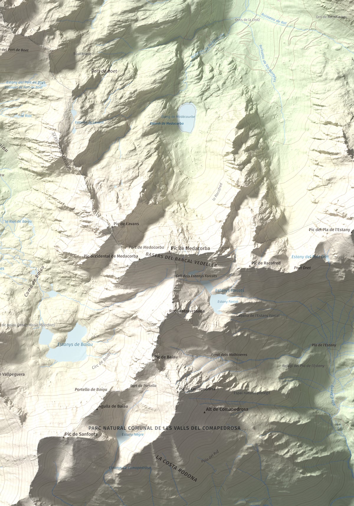 Mapa de relieve de Pica Roja, 2903 m, Pallars Sobirà, lámina 100 Cims de Trobart. Detalle de la zona inferior derecha. 70 × 100 cm.