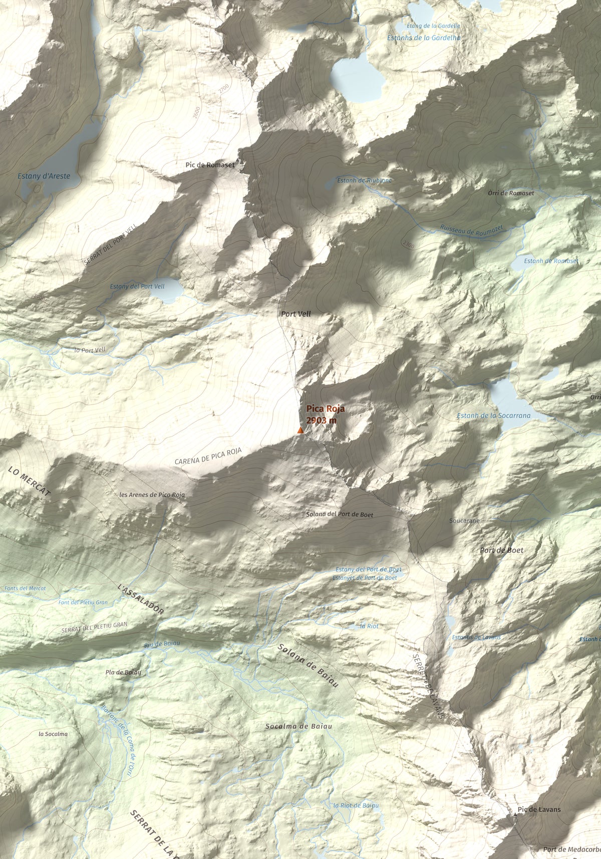 Mapa de relieve de Pica Roja, 2903 m, Pallars Sobirà, lámina 100 Cims de Trobart. Detalle de la zona central. 70 × 100 cm.