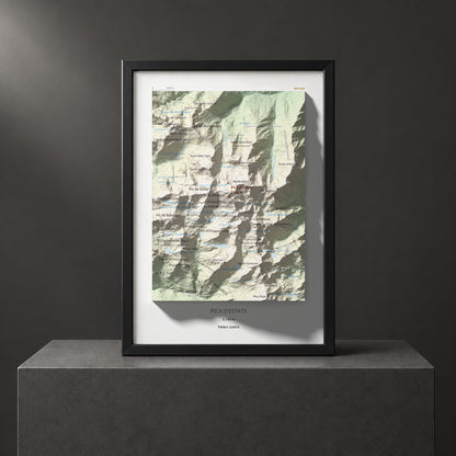 Mapa de relieve de Pica d'Estats, 3144 m, Pallars Sobirà, lámina 100 Cims de Trobart. Presentación enmarcada. 21 × 30 cm.