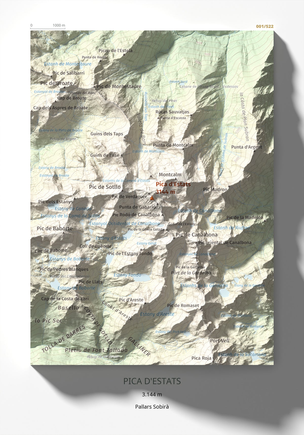 Mapa de relieve de Pica d'Estats, 3144 m, Pallars Sobirà, lámina 100 Cims de Trobart 21 × 30 cm.
