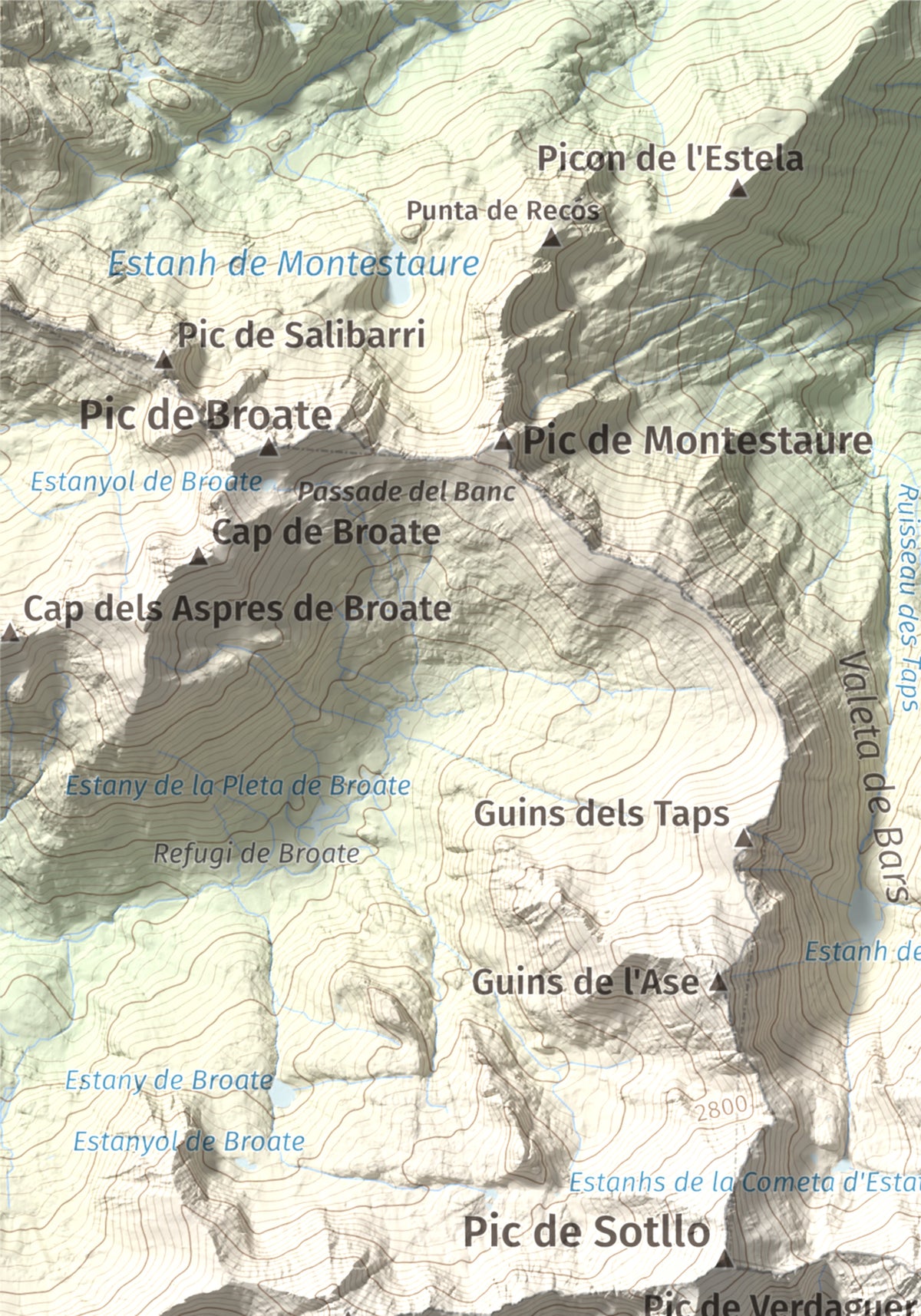 Mapa de relieve de Pica d'Estats, 3144 m, Pallars Sobirà, lámina 100 Cims de Trobart. Detalle de la zona superior izquierda. 21 × 30 cm.