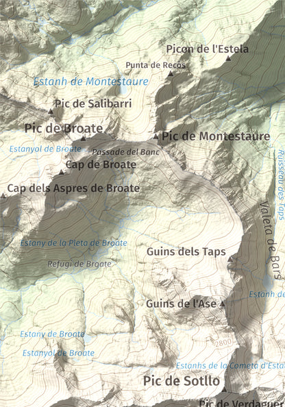 Mapa de relieve de Pica d'Estats, 3144 m, Pallars Sobirà, lámina 100 Cims de Trobart. Detalle de la zona superior izquierda. 21 × 30 cm.