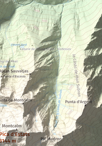 Mapa de relieve de Pica d'Estats, 3144 m, Pallars Sobirà, lámina 100 Cims de Trobart. Detalle de la zona superior derecha. 21 × 30 cm.