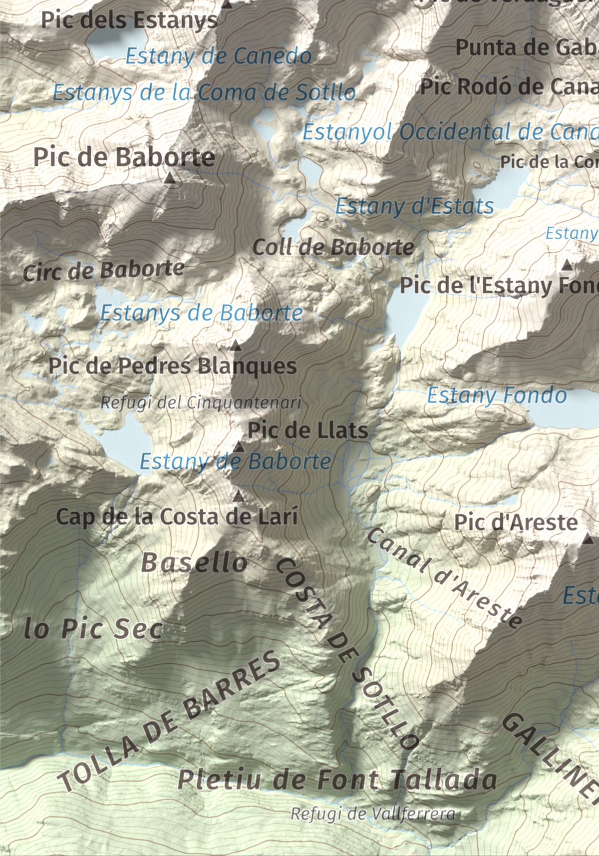 Mapa de relieve de Pica d'Estats, 3144 m, Pallars Sobirà, lámina 100 Cims de Trobart. Detalle de la zona inferior izquierda. 21 × 30 cm.