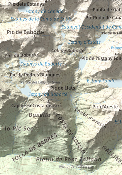 Mapa de relieve de Pica d'Estats, 3144 m, Pallars Sobirà, lámina 100 Cims de Trobart. Detalle de la zona inferior izquierda. 21 × 30 cm.