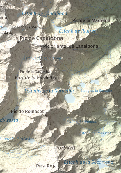 Mapa de relieve de Pica d'Estats, 3144 m, Pallars Sobirà, lámina 100 Cims de Trobart. Detalle de la zona inferior derecha. 21 × 30 cm.