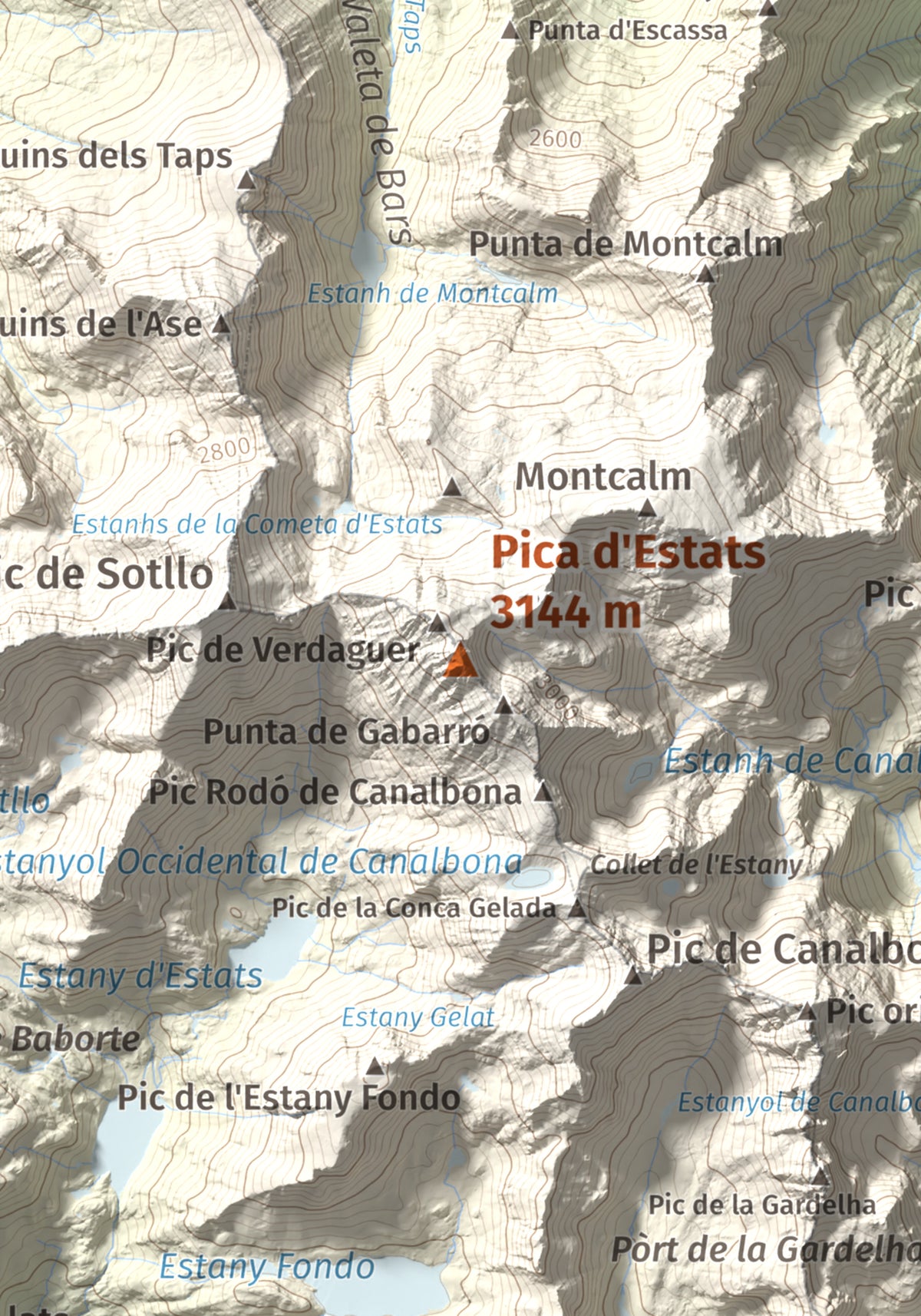 Mapa de relieve de Pica d'Estats, 3144 m, Pallars Sobirà, lámina 100 Cims de Trobart. Detalle de la zona central. 21 × 30 cm.