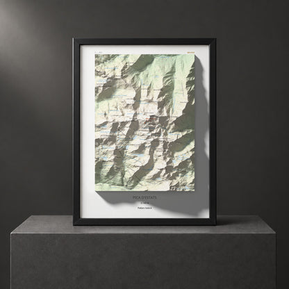 Mapa de relieve de Pica d'Estats, 3144 m, Pallars Sobirà, lámina 100 Cims de Trobart. Presentación enmarcada. 30 × 40 cm.