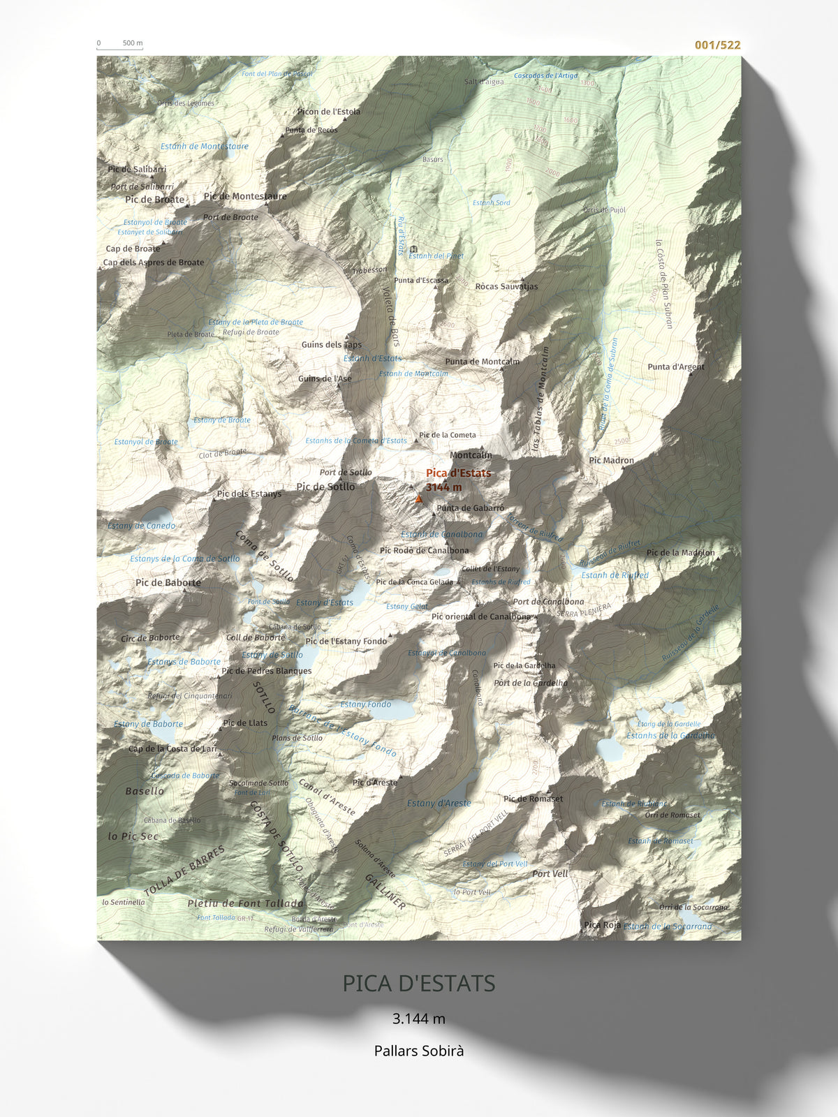 Mapa de relieve de Pica d'Estats, 3144 m, Pallars Sobirà, lámina 100 Cims de Trobart 30 × 40 cm.